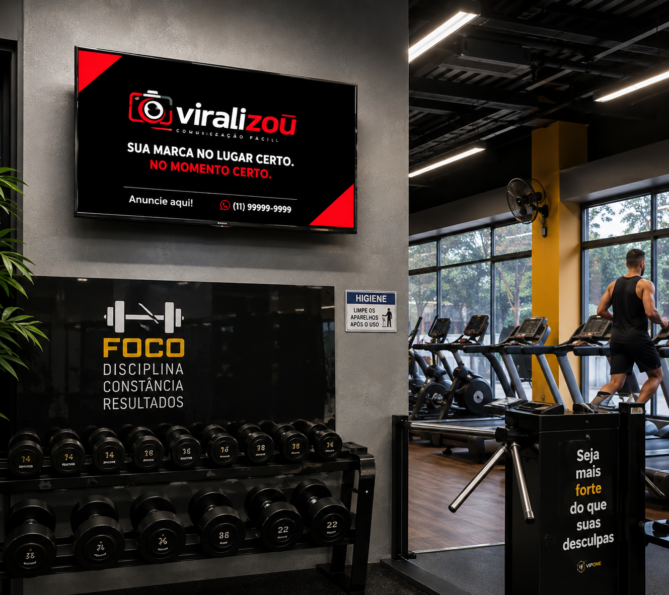 Tela ViraliZOU instalada em uma academia moderna