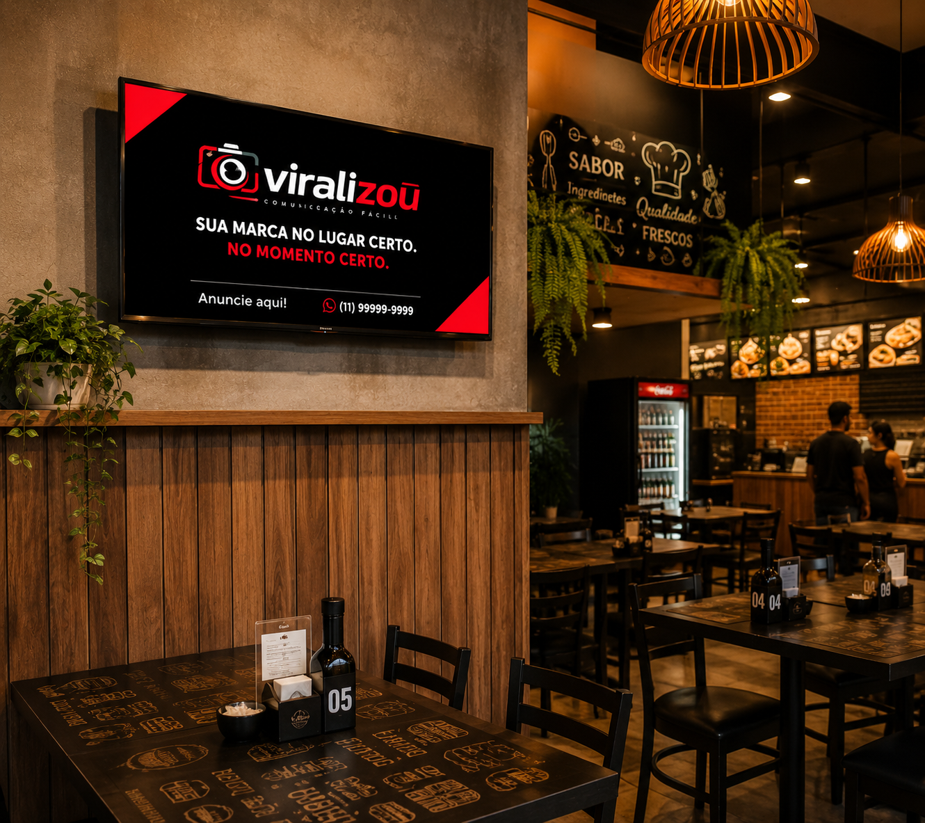Tela ViraliZOU instalada em um restaurante moderno